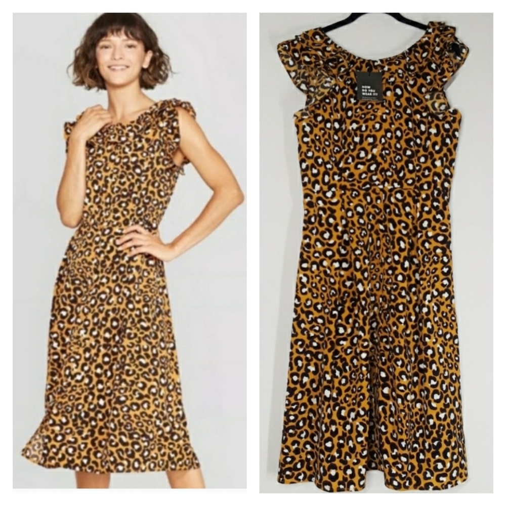 WHO WHAT WEAR Modern Leopard Print Ruffle Button Yellow Black Midi Dress S NWT